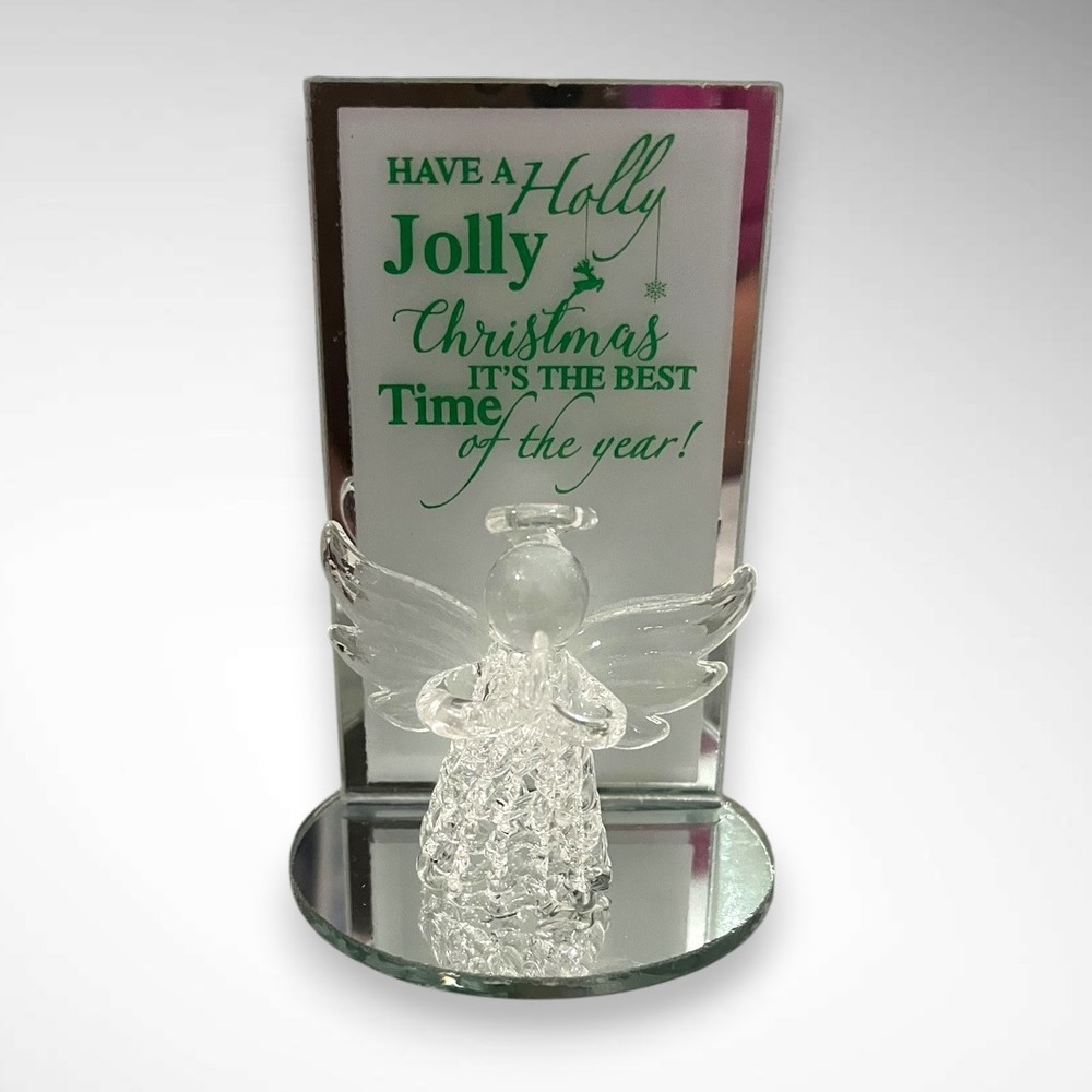 Holly Jolly Christmas Plaque Spun/Blown Glass Angel On Mirrored Base‎ New In Box